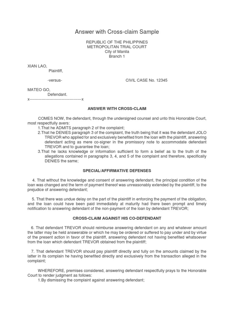 Sample Answer with Cross-Claim | PDF | Complaint | Lawsuit