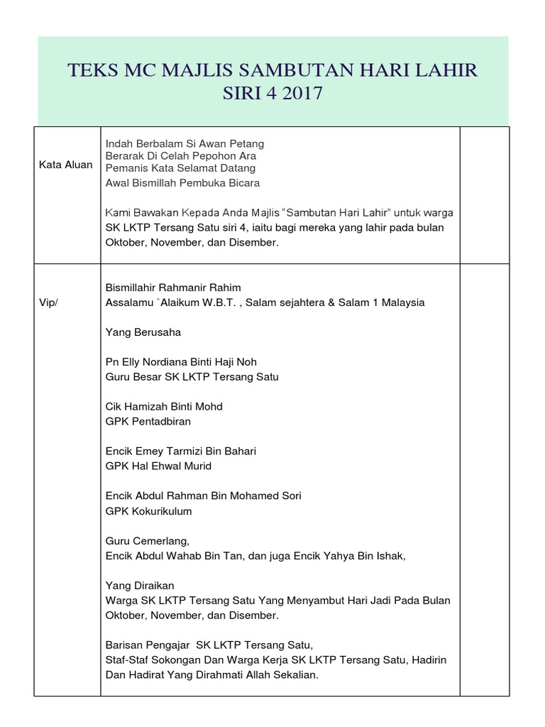 Teks Mc Majlis Sambutan Hari Lahir Pdf