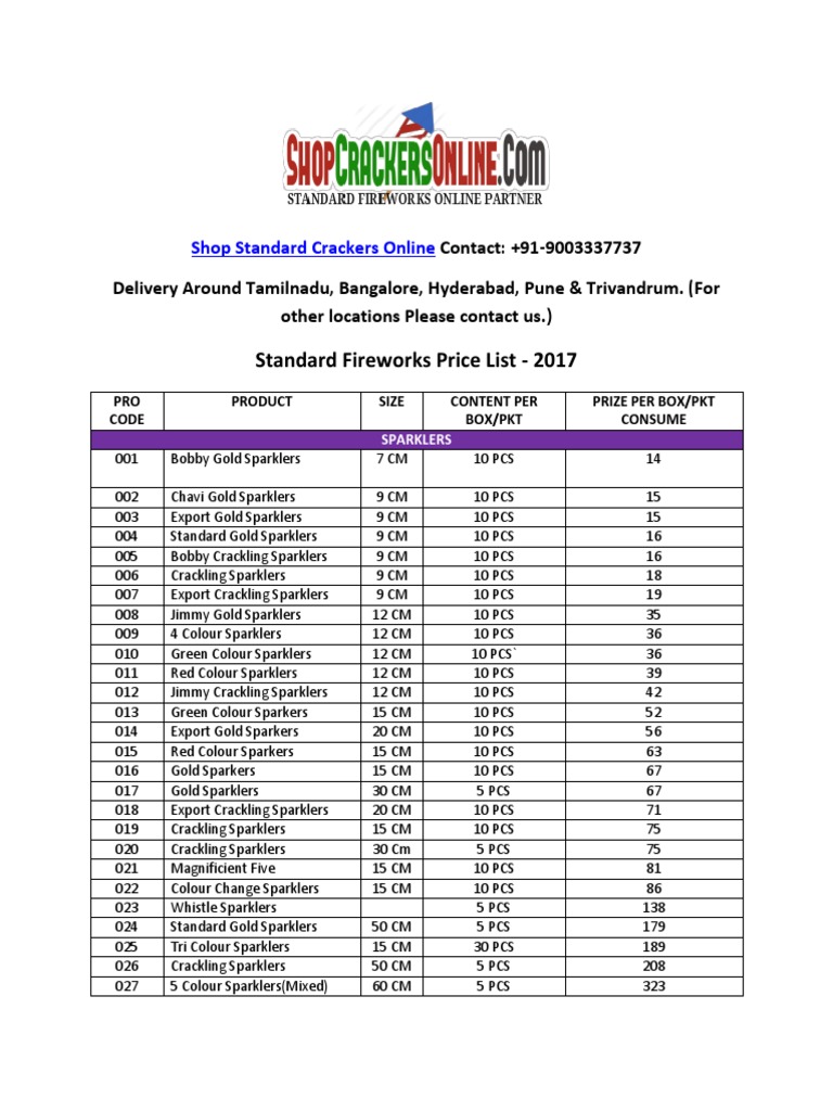 Crackers Standard Fireworks Price List 2017 Nature Free 30day