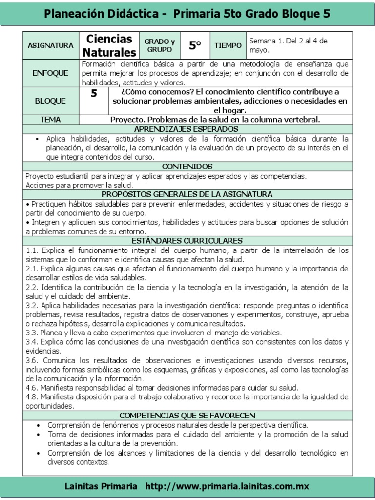 Plan 5to Grado Bloque 5 Ciencias Naturales (20162017) Educación