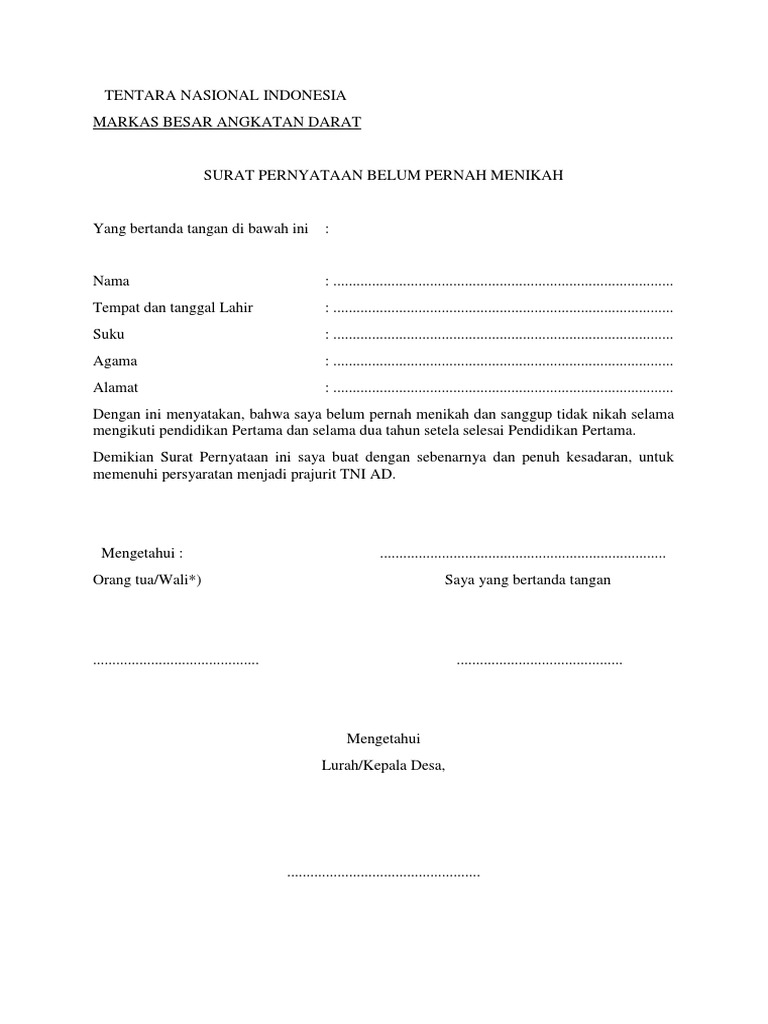 Surat Pernyataan Belum Pernah Menikah