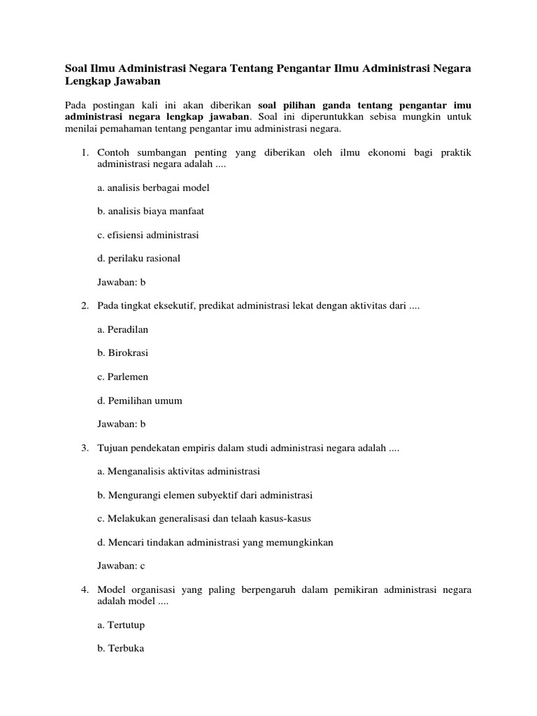 Soal Ilmu Administrasi Negara Tentang Pengantar Ilmu Administrasi Negara Lengkap Jawaban