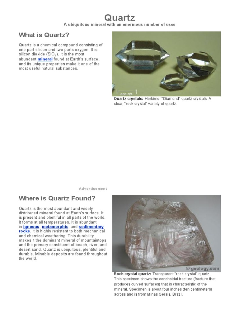 Quartz Mineral, Photos, Uses, Properties, Pictures | PDF | Quartz ...