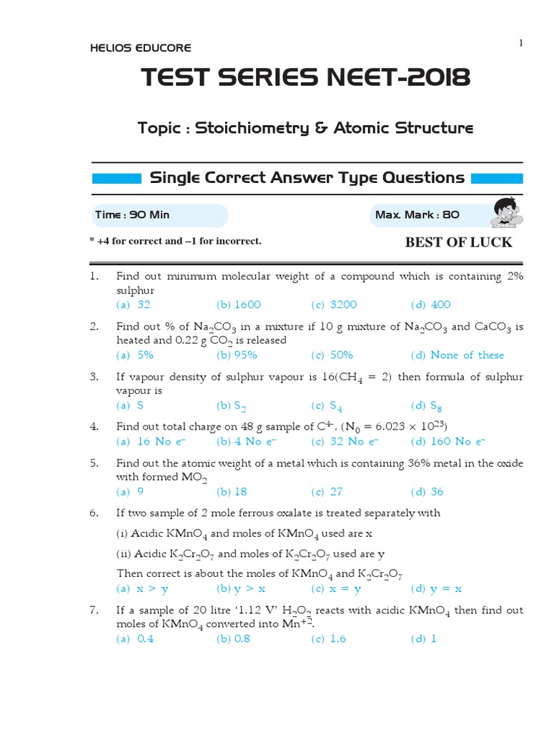 Test Series Neet-2018: Topic: Stoichiometry & Atomic Structure | PDF ...