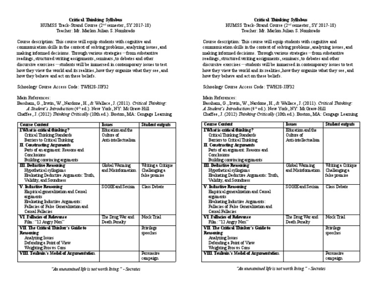 Critical Thinking 17-18 Syllabus | PDF | Argument | Fallacy