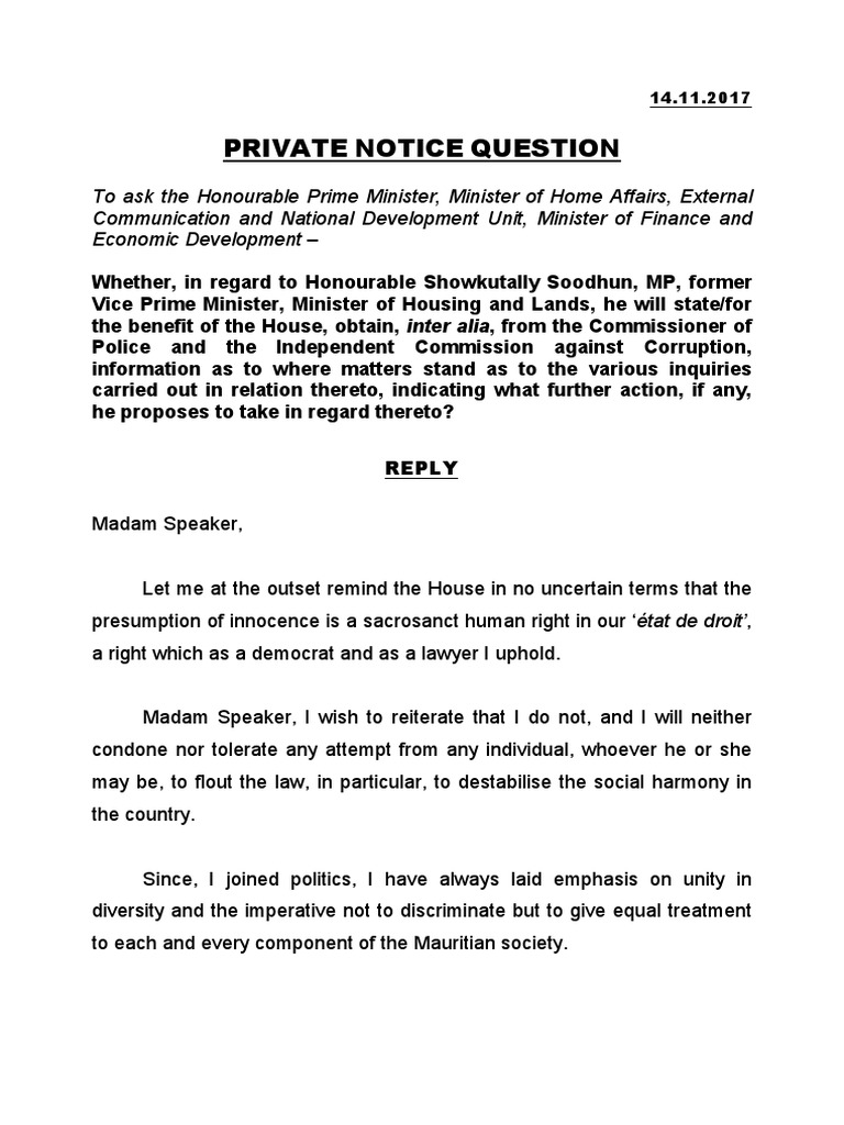 Private Notice Government Politics