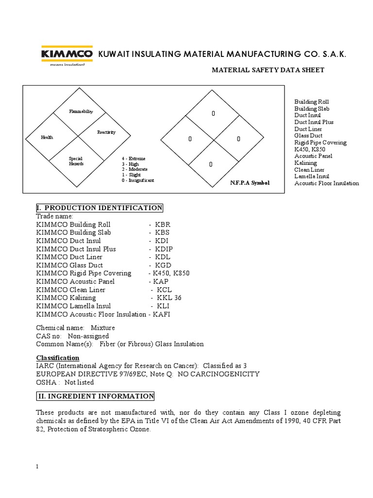 KIMMCO Msds PDF Fiberglass Carcinogen