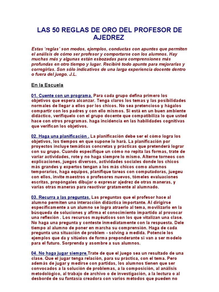 Las 50 Reglas de Oro Del Profesor de Ajedrez Aperturas