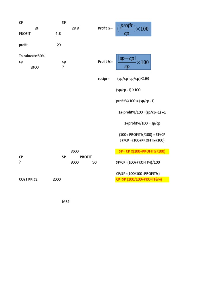 Profit CP: (SP/CP-CP/CP) X100 | PDF