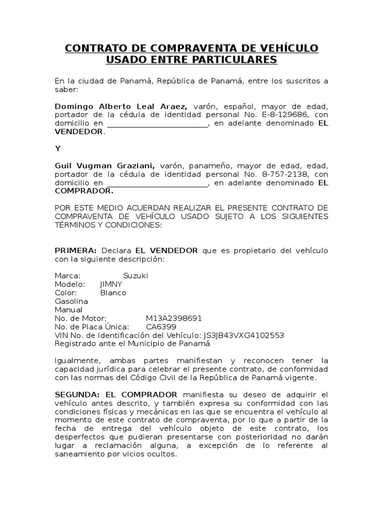Contrato de Compraventa de Vehículo Usado Entre Particulares | PDF |  Derecho privado | Gobierno