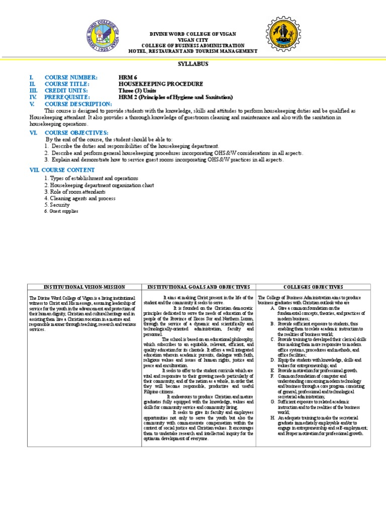 Jeremy Syllabus Housekeping Procedures | PDF | Housekeeping ...