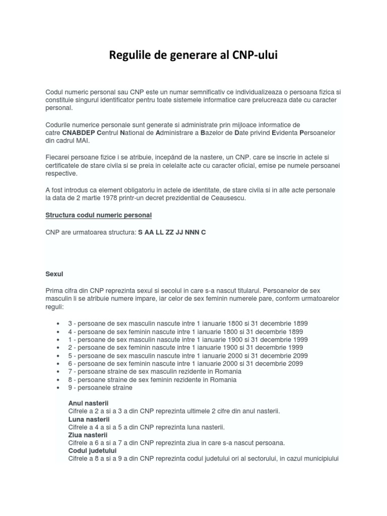 Regulile de Generare CNP | PDF