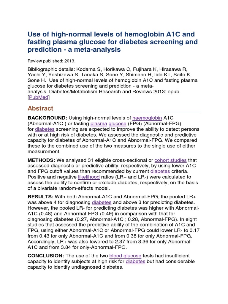 Use of High-Normal Levels of Hemoglobin A1C and Fasting Plasma Glucose ...