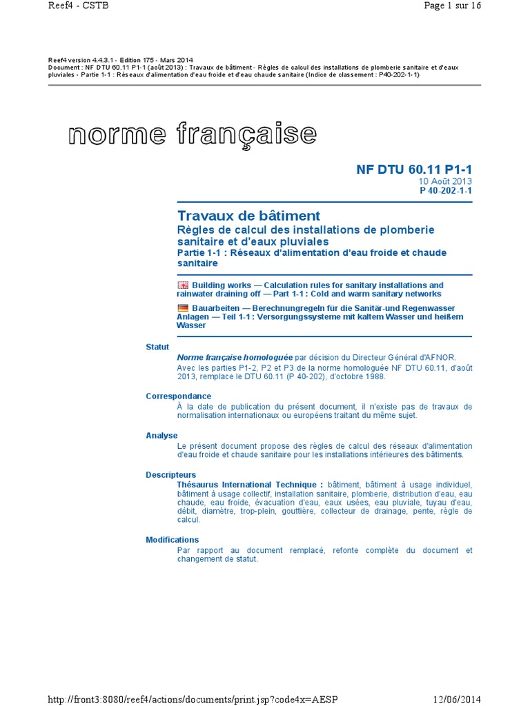 DTU 60.11 P1-1 Regles de Calcul Alim EFS-ECS | PDF | Code de la ...