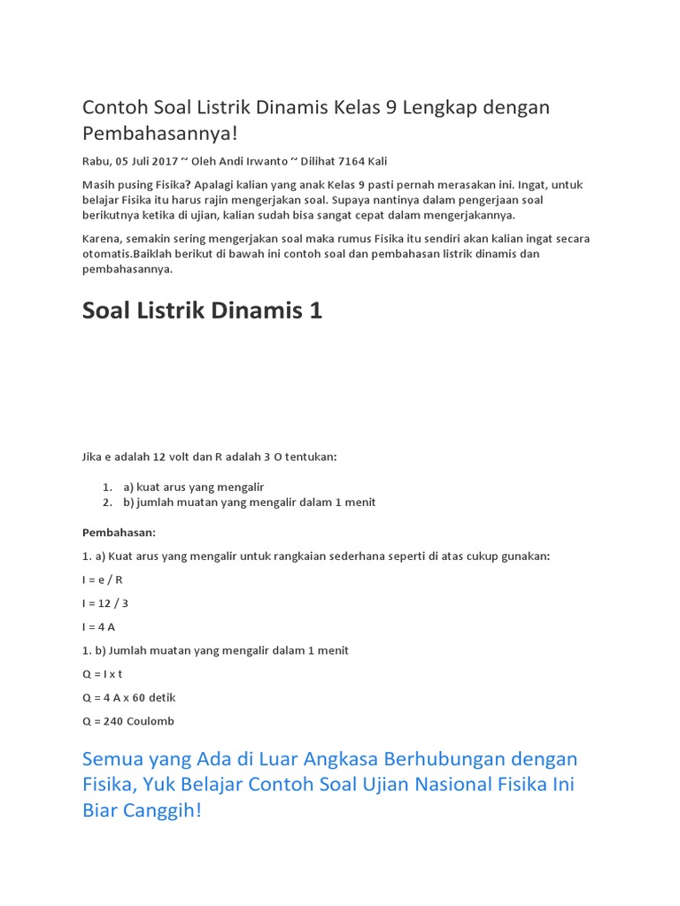 Contoh Soal Dan Pembahasan Listrik Dinamis Kelas 12 ...