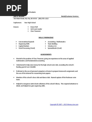 High School Student Resume for College