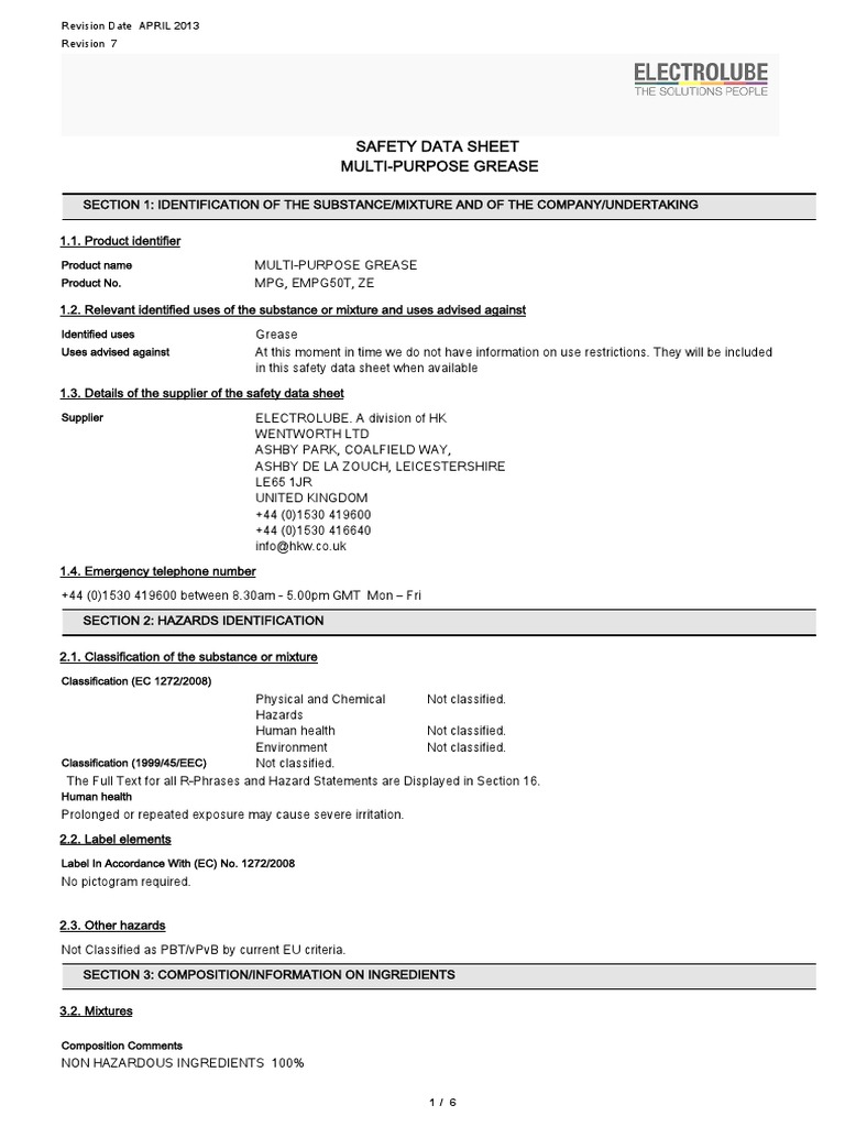 Safety Data Sheet MultiPurpose Grease PDF Dangerous Goods