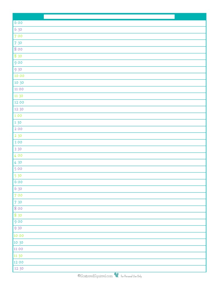 A Day in 30 Minute Increments: A Timeline from 6:00 AM to 10:00 PM | PDF