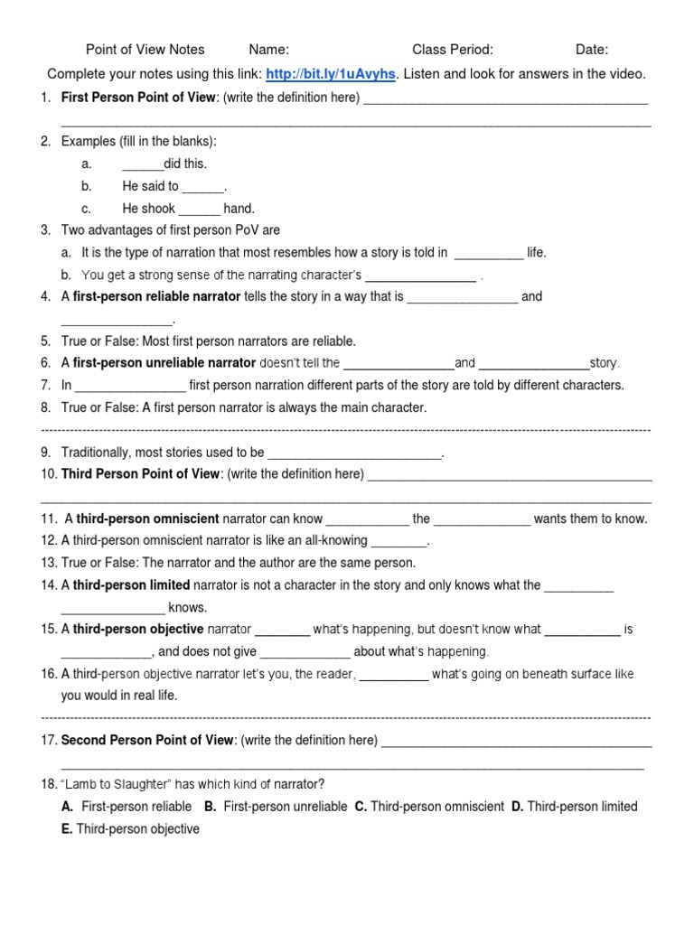 Point of View Notes Name: Class Period: Date: Complete Your Notes Using ...