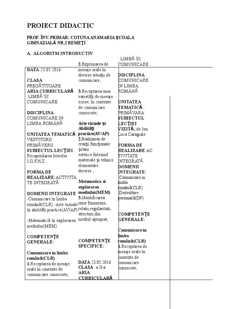 Proiect Didactic Prof Inv Primar Cotuna Anamaria școala