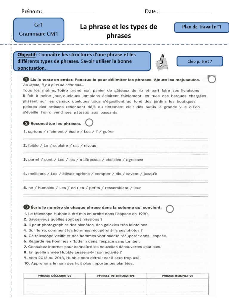 Exercice De Grammaire Cm1 Avec Correction Pdf Fiches-Grammaire-CM1.pdf | Clause | Phrase