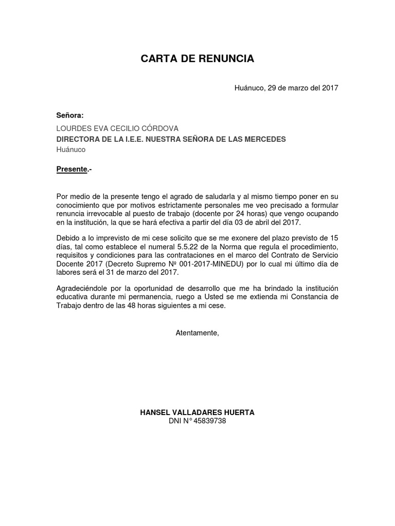 Modelo Carta de Renuncia