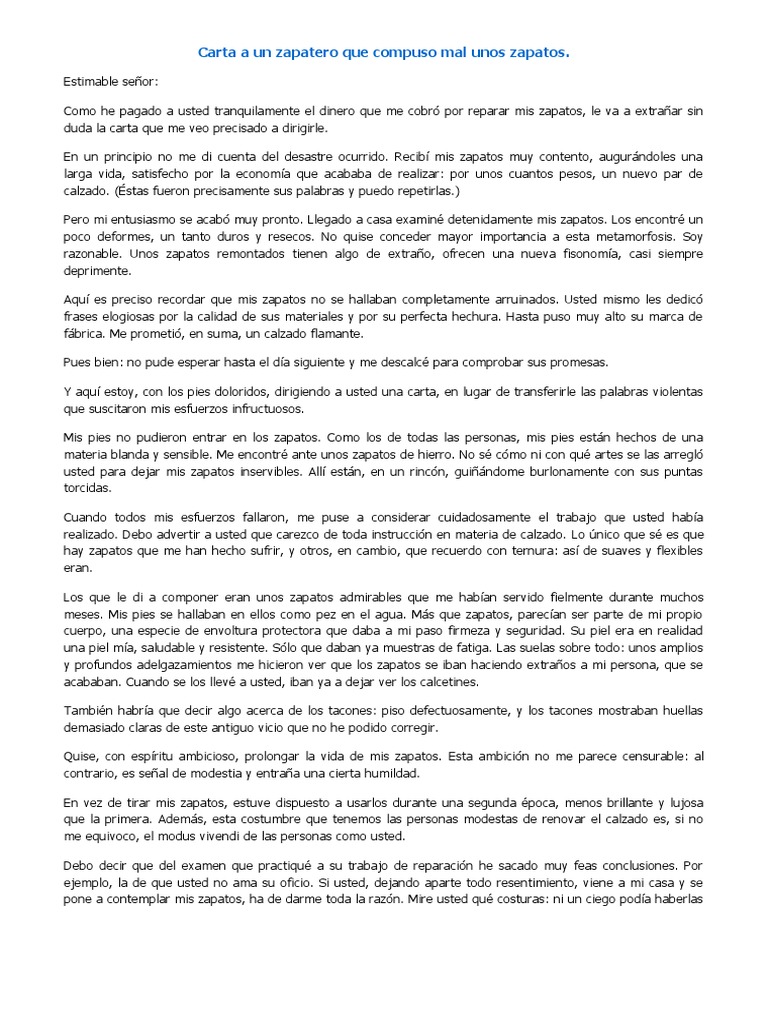 carta   zapatero  compuso mal unos zapatos religion