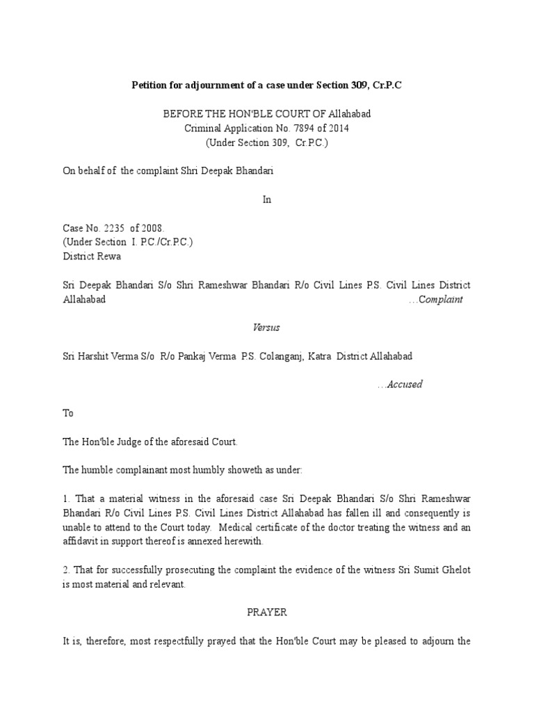 Leftover Petition for Adjournment of a Case Under Section 309, Cr.P.c