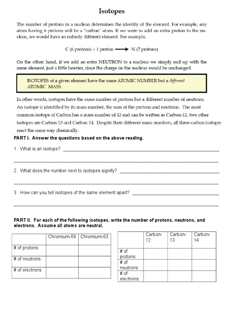 D. Isotopes Worksheet | Isotope | Proton