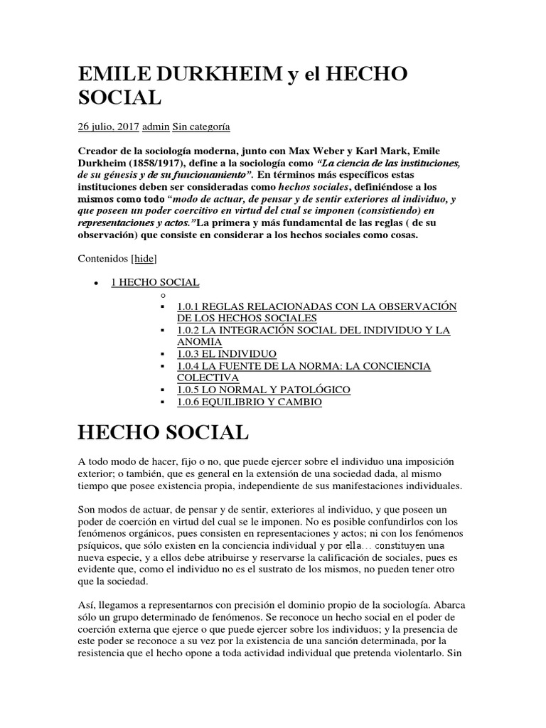 Emile Durkheim y El Hecho Social | PDF | Emile Durkheim | Sociedad