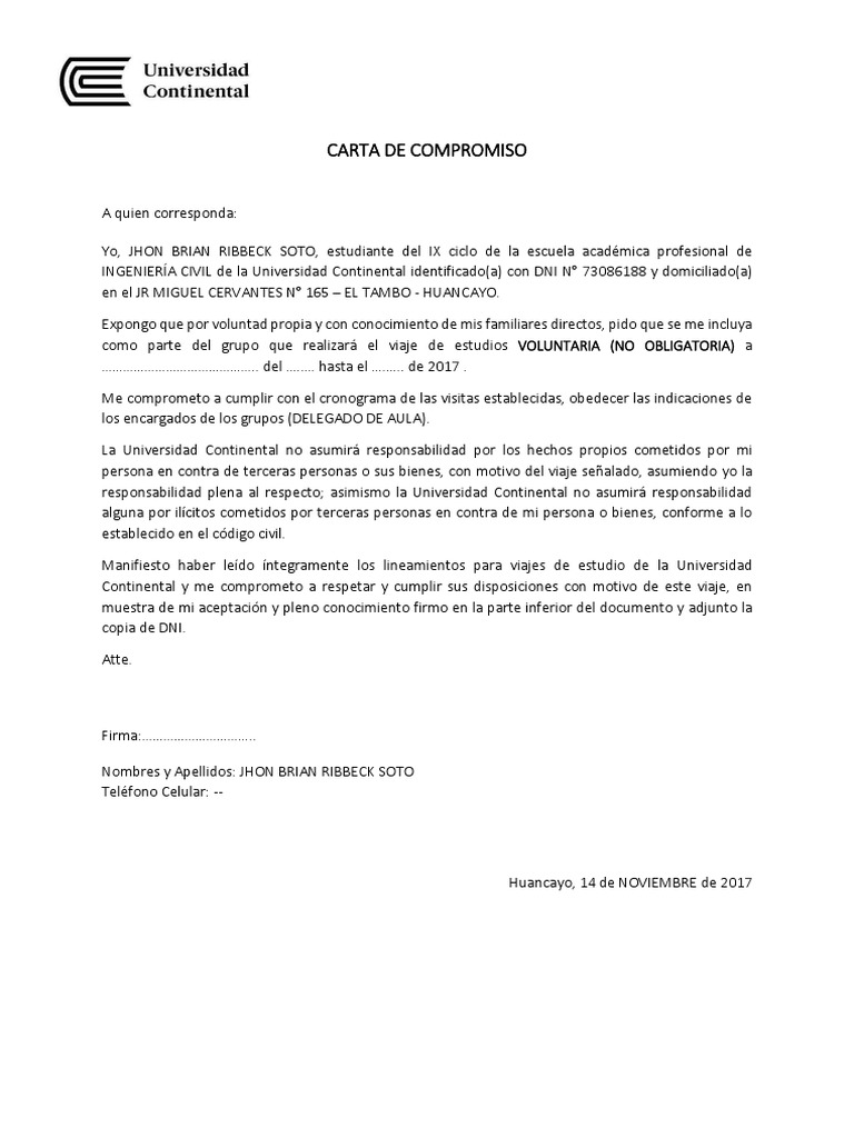 Carta de Compromiso-Viaje de Estudios - Modelo