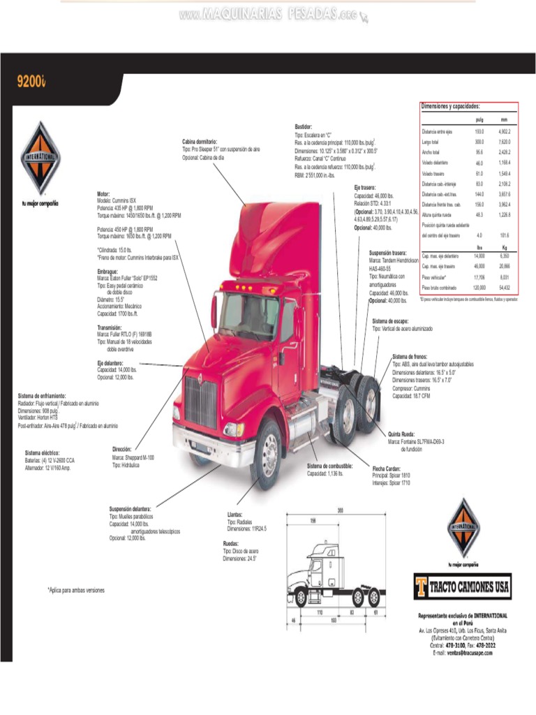 Material Camion 9200i International Tractocamion Dimensiones Capacidades Detalles