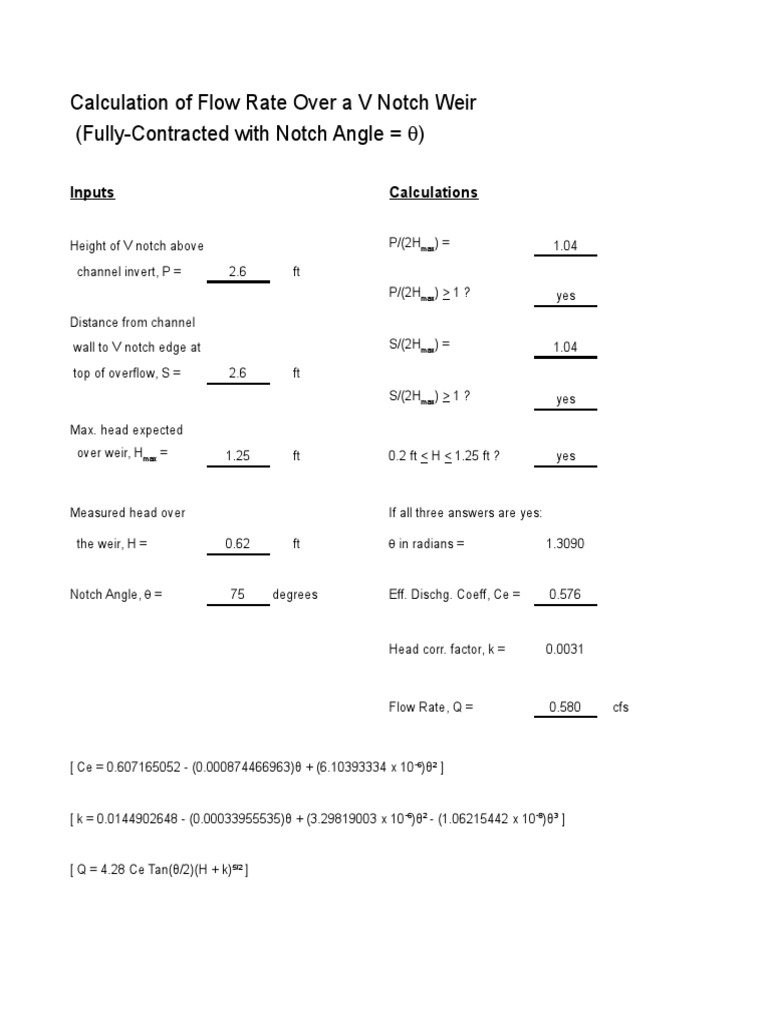 Flow Rate Calculation for V Notch Weir | PDF | Teaching Methods & Materials