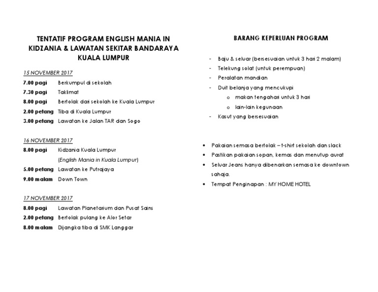 Tentatif Program English Mania In Kidzania Pdf