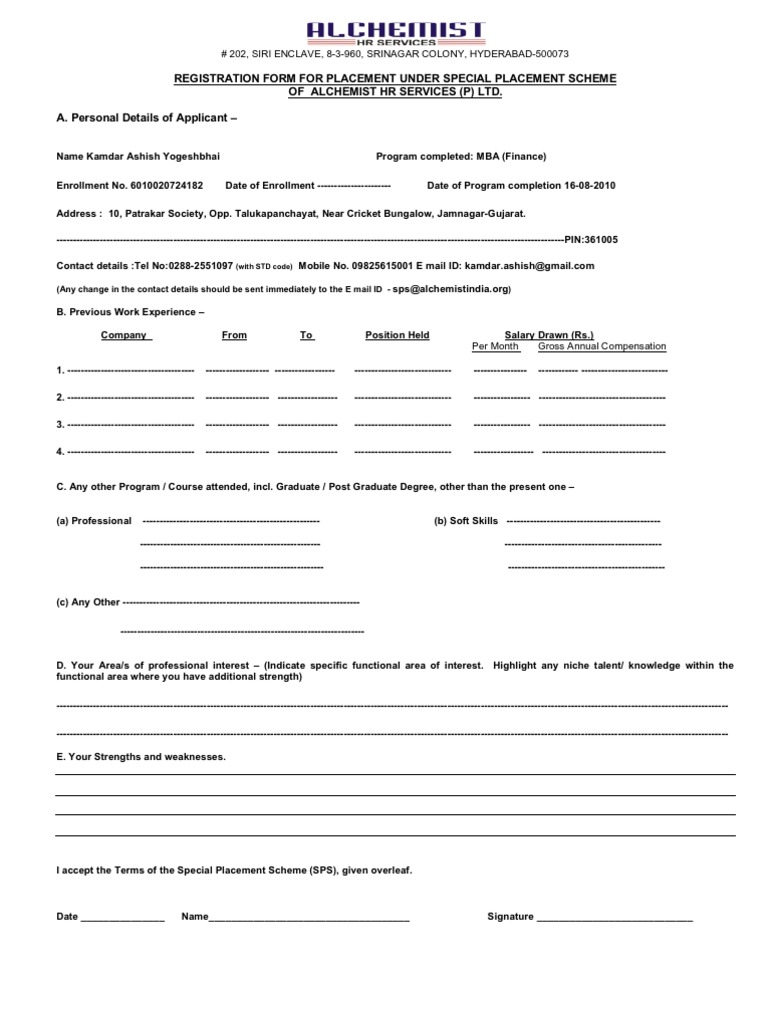 PLACEMENT Registration Form PDF Employment Salary