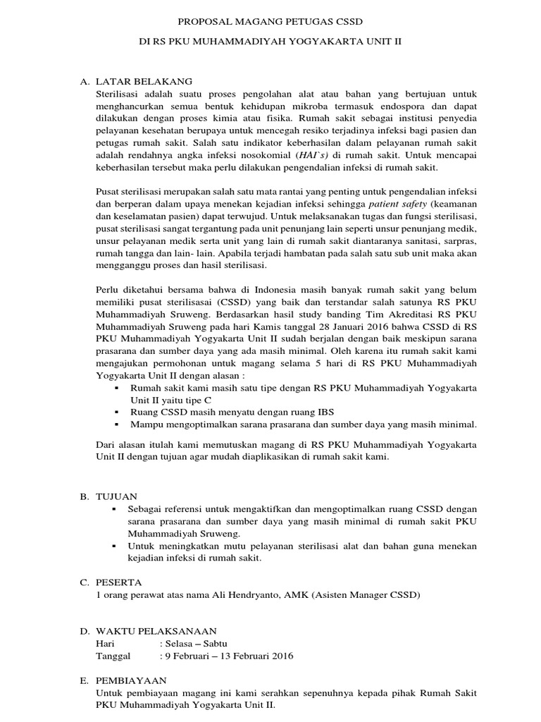 Proposal Magang CSSD di RS PKU Yogyakarta | PDF | Sains & Matematika