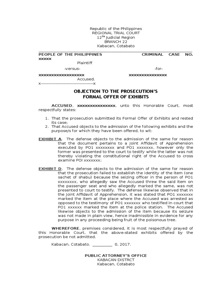 Comment or objection formal offer sample pdf prosecutor testimony