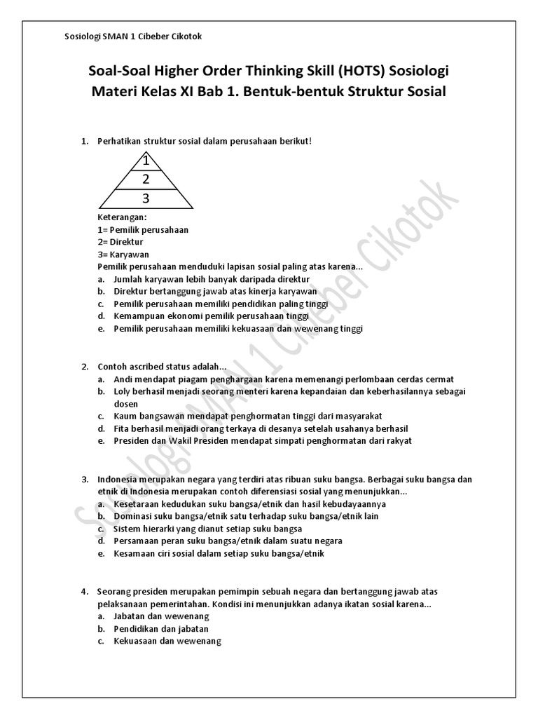 Soal Soal Higher Order Thinking Skill Hots Sosiologi Materi Kelas Xi Bab 1 Bentuk Bentuk Struktur Sosial Pdf Pdf