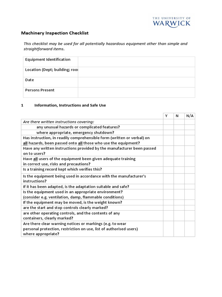 Machinery Inspection Checklist Texas | PDF | Safety | Hazards