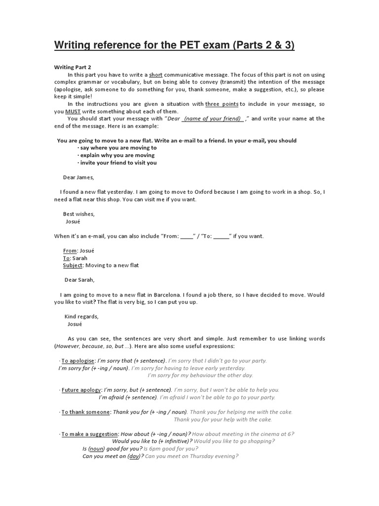 PET Exam Writing Guide | PDF | Sentence (Linguistics) | Grammatical Tense