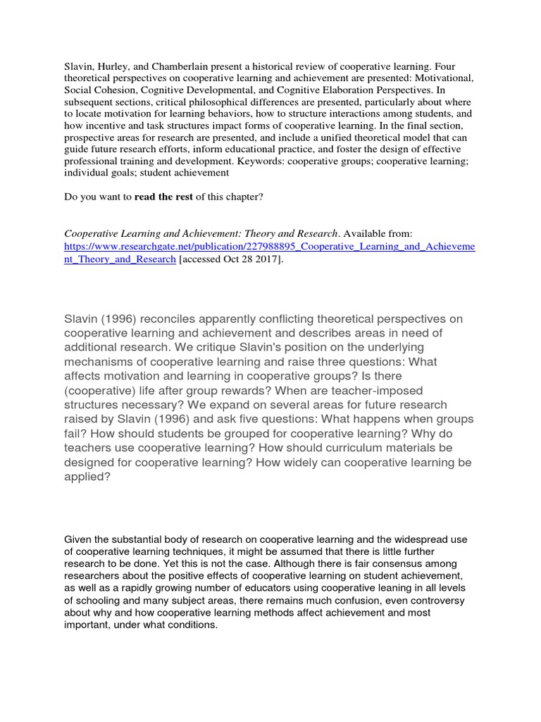 Cooperative Learning and Achievement: Theory and Research. Available ...