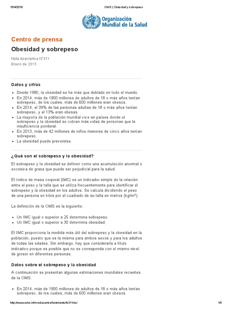 OMS - Obesidad y Sobrepeso | PDF | Obesidad | Índice de masa corporal
