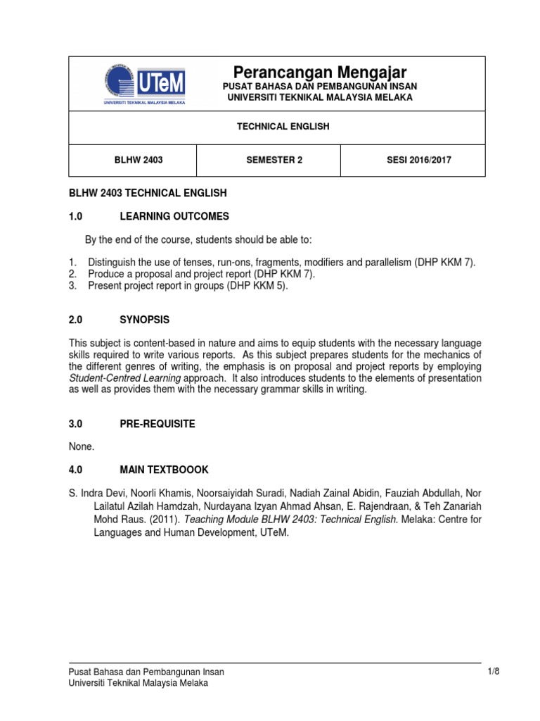 Teaching Plan technical english.pdf Lecture Cognition