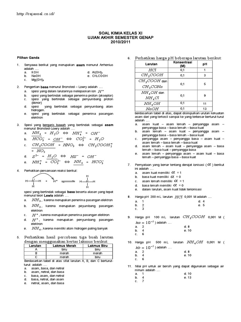 Soal Kimia Kls 11 Semester2 Tentang Asam Basa