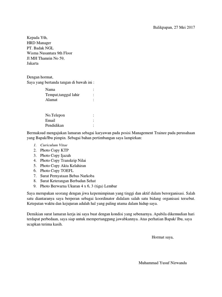 Download 65+ Contoh Surat Surat Lamaran Kerja Non Pengalaman Gratis