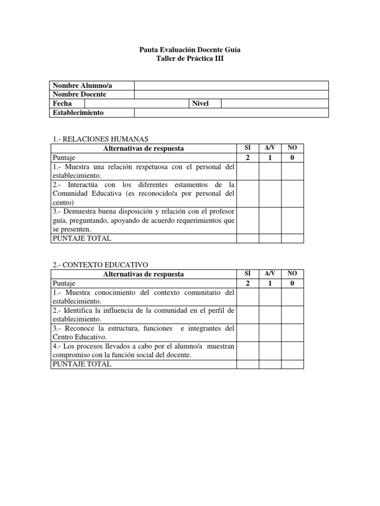 Pauta Evaluación Docente Guía | PDF | Maestros | Salón de clases