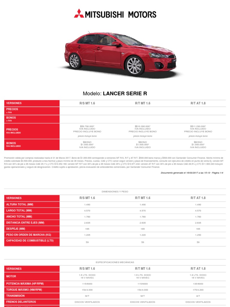 Ficha Técnica Mitsubishi Lancer.pdf | Vehículo a motor | Transporte