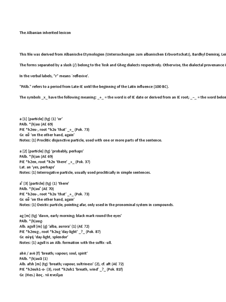 The Albanian Inherited Lexicon Philology Language Arts Discipline