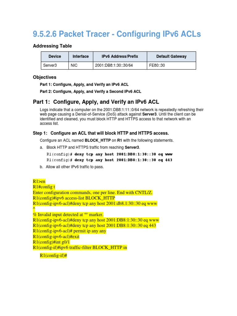 9 5 2 6 Packet Tracer Configuring Ipv6 Acls Pka I Pv6 Ip Address
