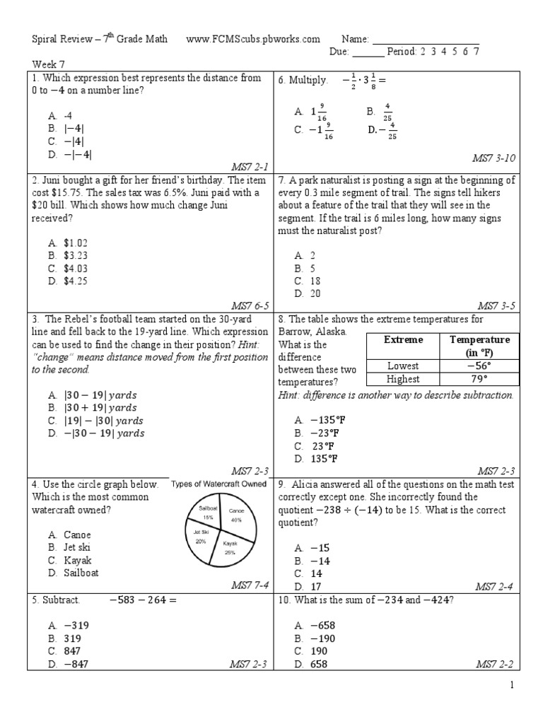 7th Grade Math Spiral Review | PDF | Numbers | Arithmetic